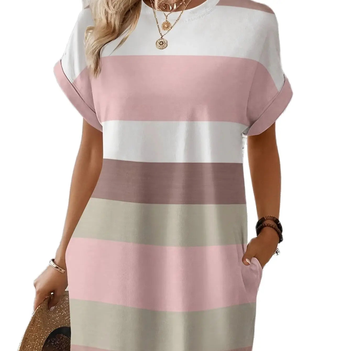 Plus Size Striped Women's T-Shirt Dress Casual Loose Short Sleeve Summer Dress with Pockets