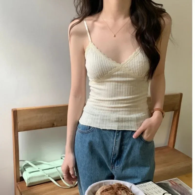 French Lace Deep V-neck Tank Tops