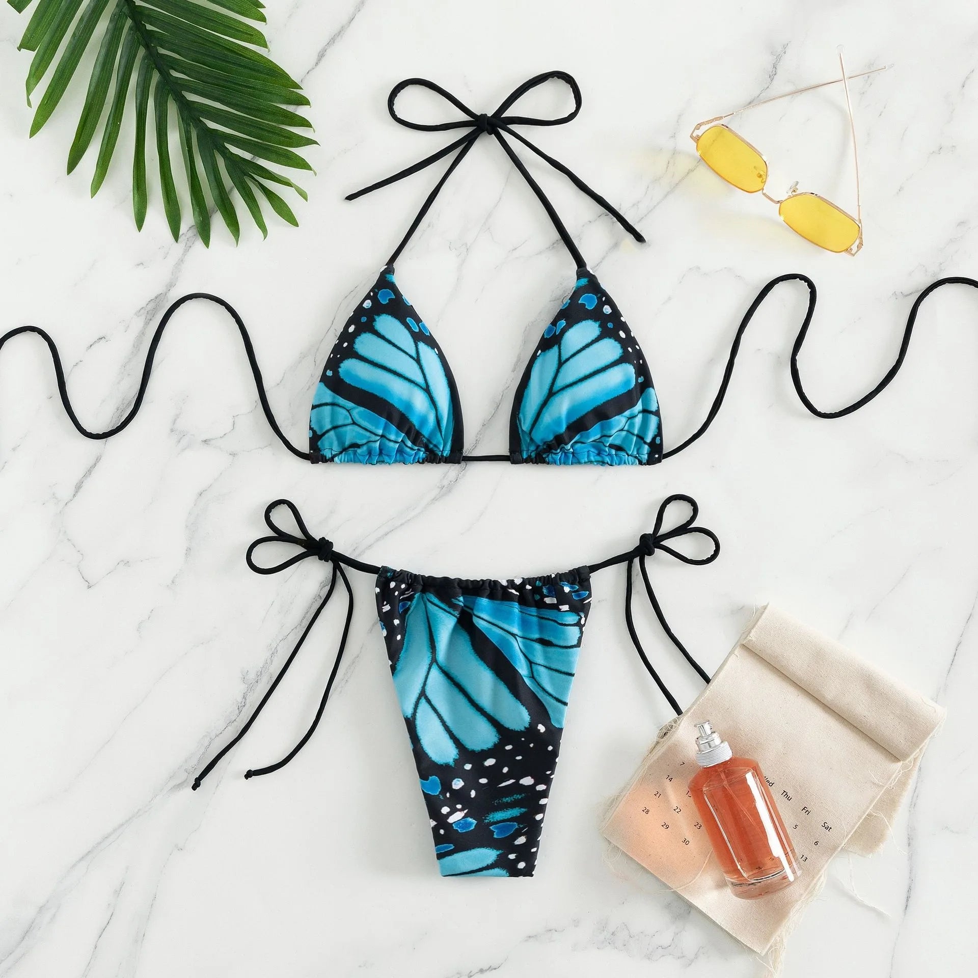Women's Butterfly Print Bikini Set, Sexy Tie-Detail Two-Piece Swimwear, European Beach Style Vacation Swimsuits with Bandeau Top