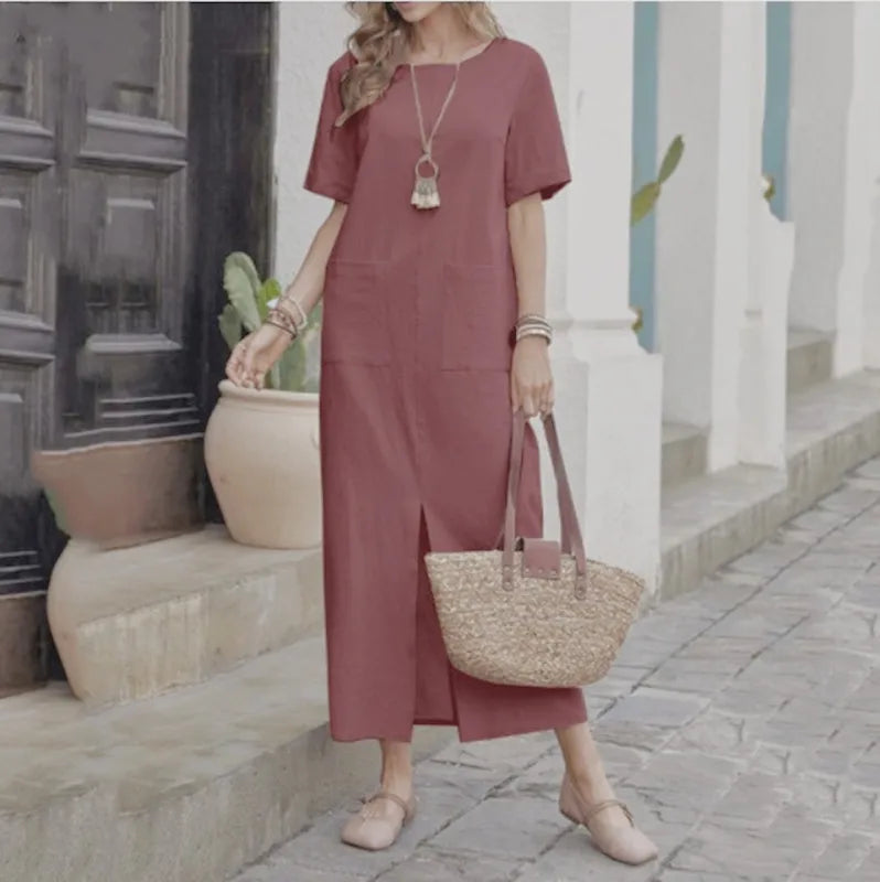 Summer Women's Long Skirt Short Sleeves Cotton and Linen Blend Loose Pockets O-neck Solid Color Simple Casual Dress