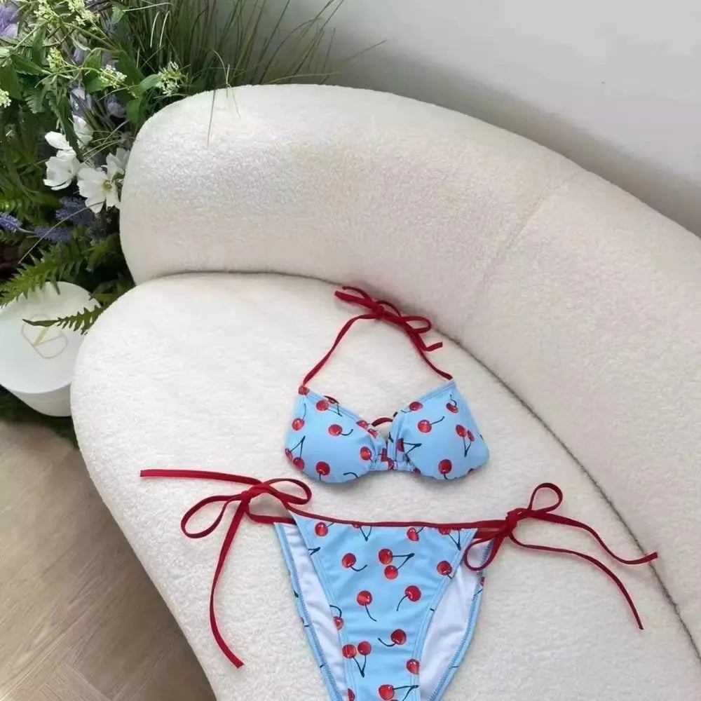 Pure Desire Pure Color Cherry Bikini Set V Neck Mesh Lace Up Sexy Swimwear Wrap Skirt Push Up Four Piece Set Summer Holiday