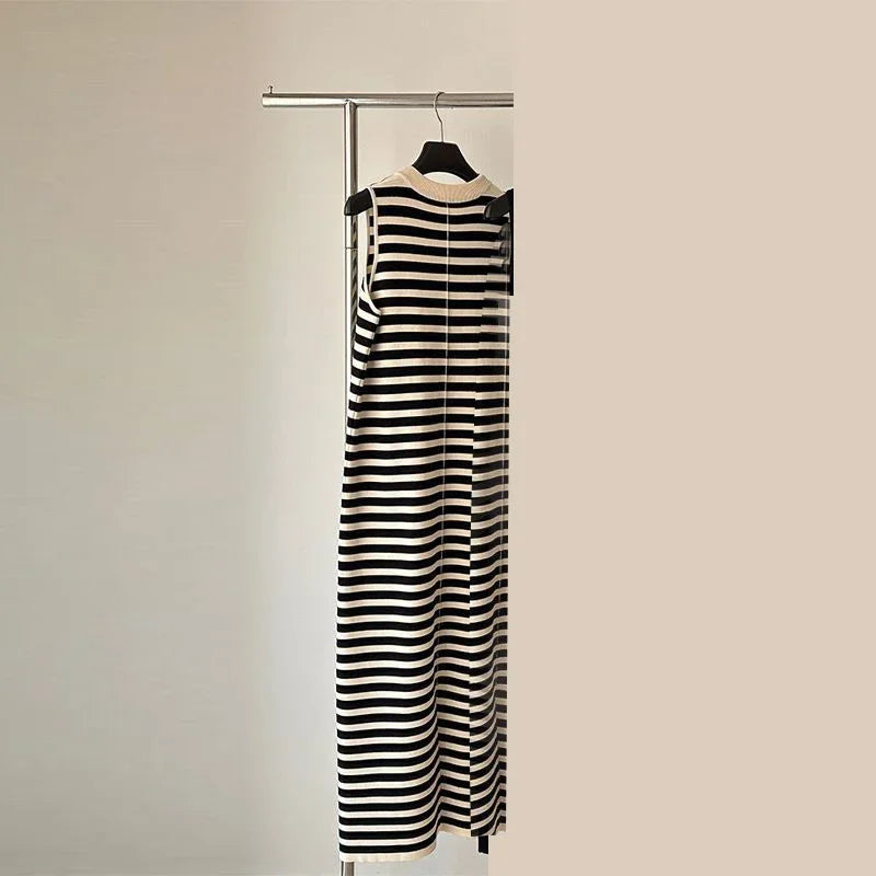 striped knitted sleeveless vest dress for women in summer, loose and slimming, high waist,  straight tube skirt, retro