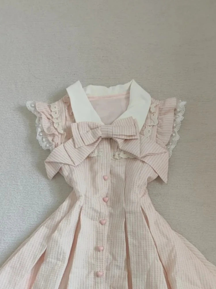 Japanese Sweet Kawaii Striped Elegant Women Dress Fashion Cute Bow Y2k Princess Dress Harajuku Chic Lace Korean Popular Clothes