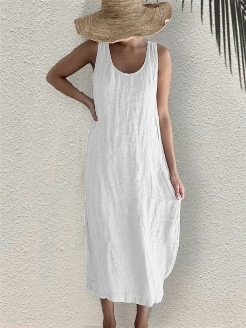 Women Comfortable Casual Cotton Linen Dresses 2026 Summer Solid Color Side Pockets Dress Female O Neck Pullover Sleeveless Gown