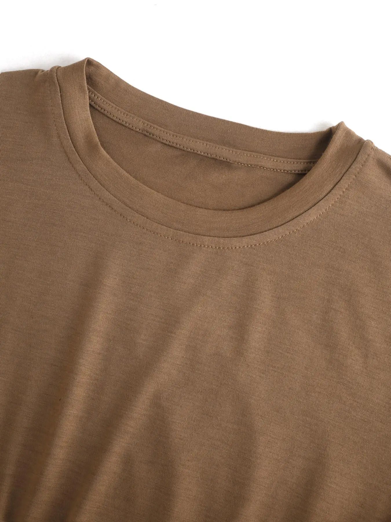 Ladies' fashion casual round neck short sleeve dress solid color simple drawstring dress