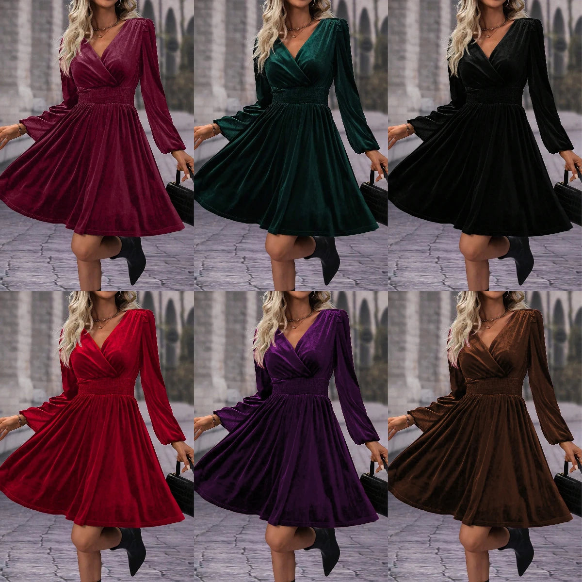 Fashionable Pure Color V-Neck Lantern Sleeve Waist-Cinching Dress Cross-Border New Hot Sale Of The Season Elegant Full-Length Mi
