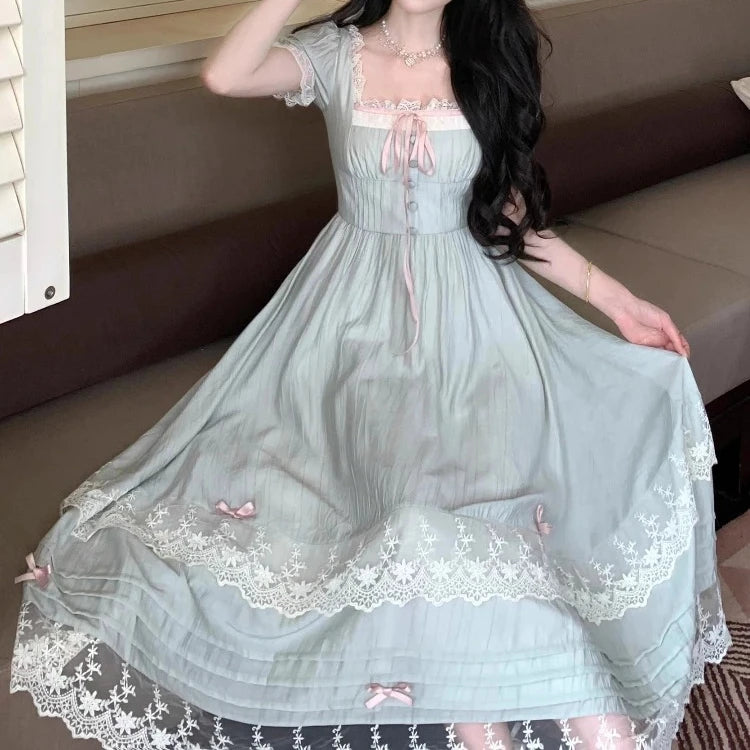 French Gentle Style Vintage Women Dress Sweet Bow Short Sleeve Dress Lace Splice Korean Popular Chic Long Dress New Summer 2026