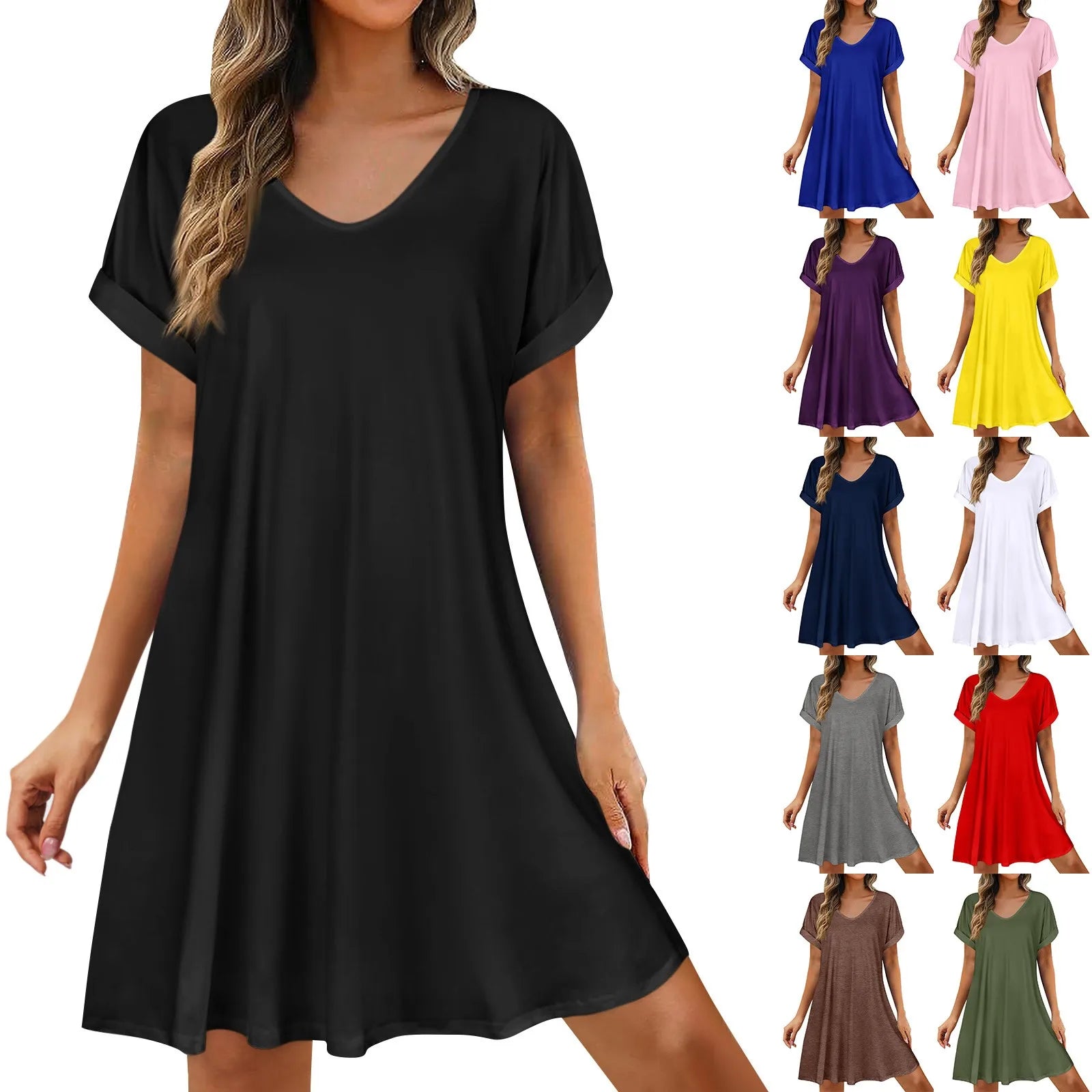 Womens Summer Basic Solid Color Short Skirt Casual and Versatile Oversized Pullover Dress Comfortable Round Neck Sundress