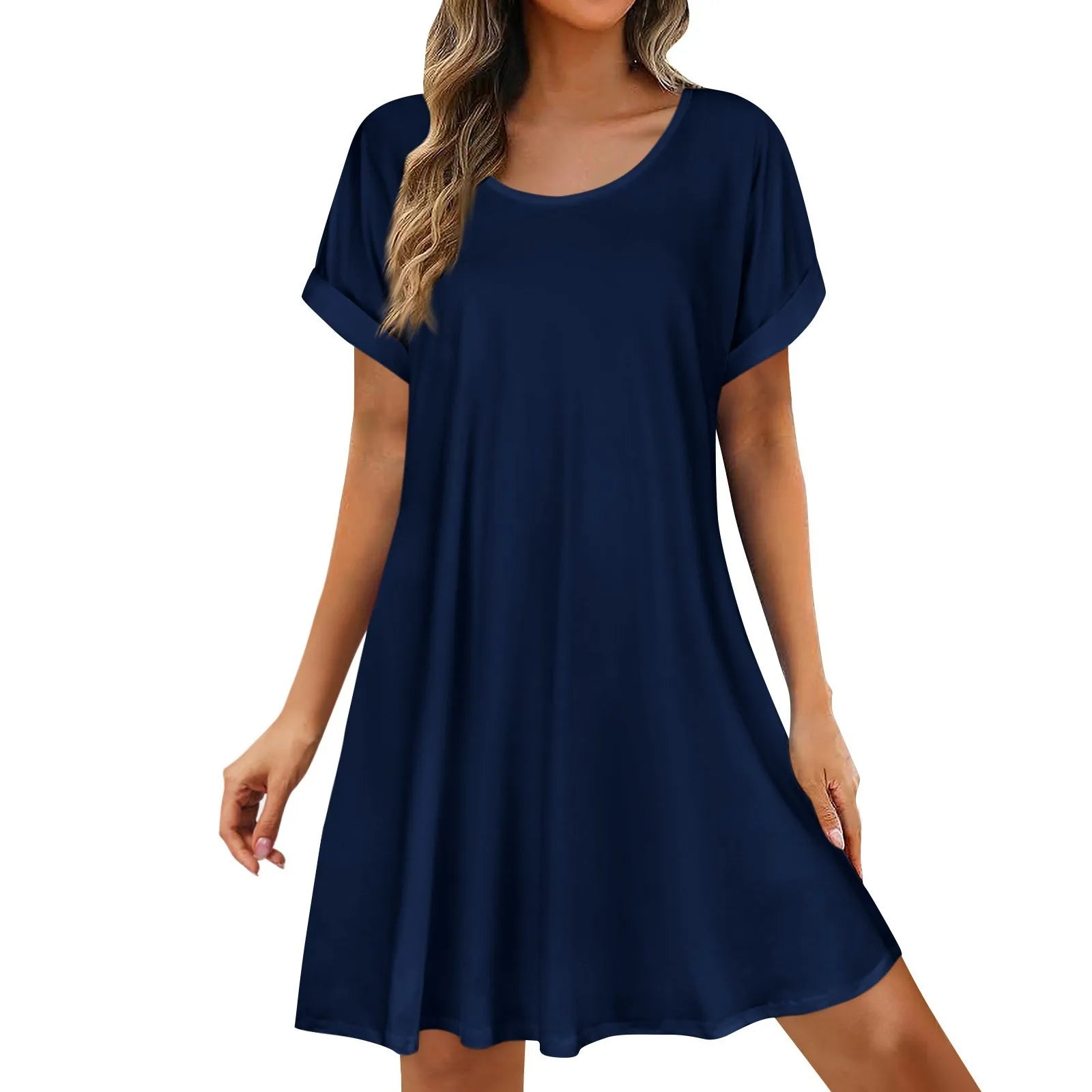 Womens Summer Basic Solid Color Short Skirt Casual and Versatile Oversized Pullover Dress Comfortable Round Neck Sundress
