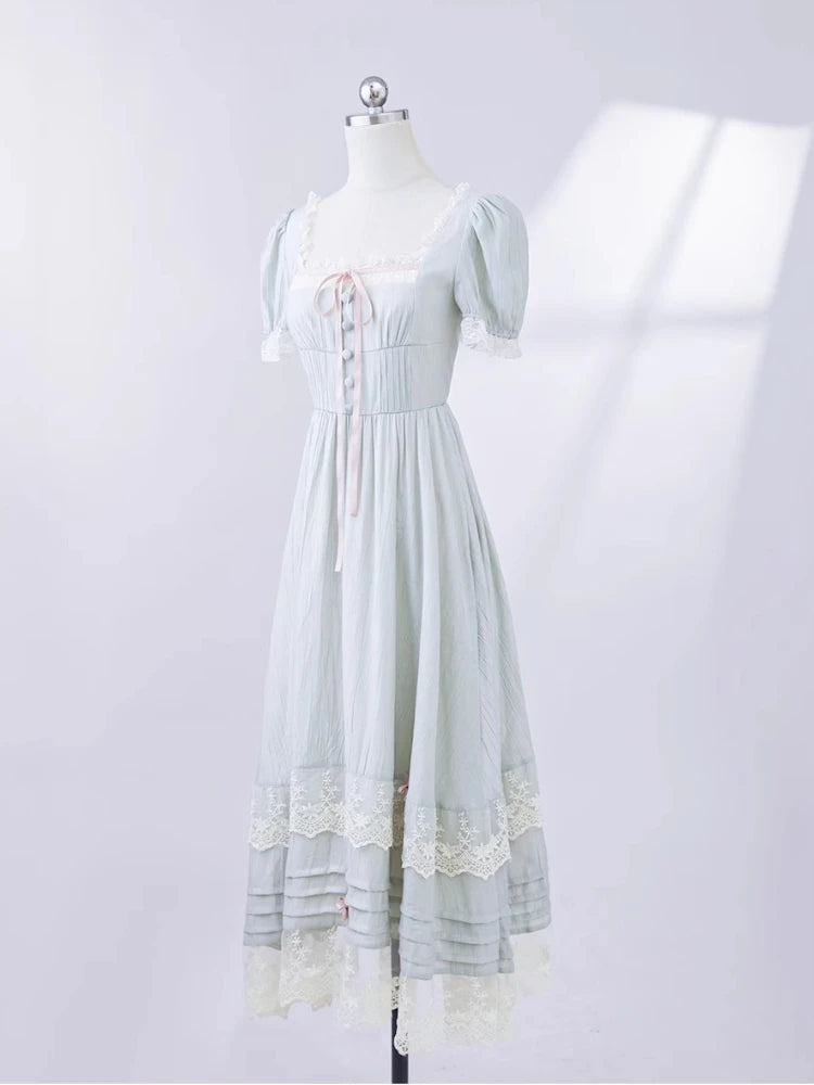 French Gentle Style Vintage Women Dress Sweet Bow Short Sleeve Dress Lace Splice Korean Popular Chic Long Dress New Summer 2026