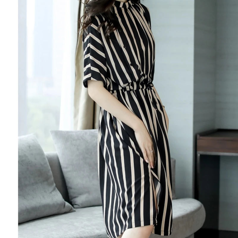 Striped Short-Sleeved Casual Midi Dress Summer Aesthetic Clothes Korean Fashion Casual Office Lady Dresses for Women Vestidos