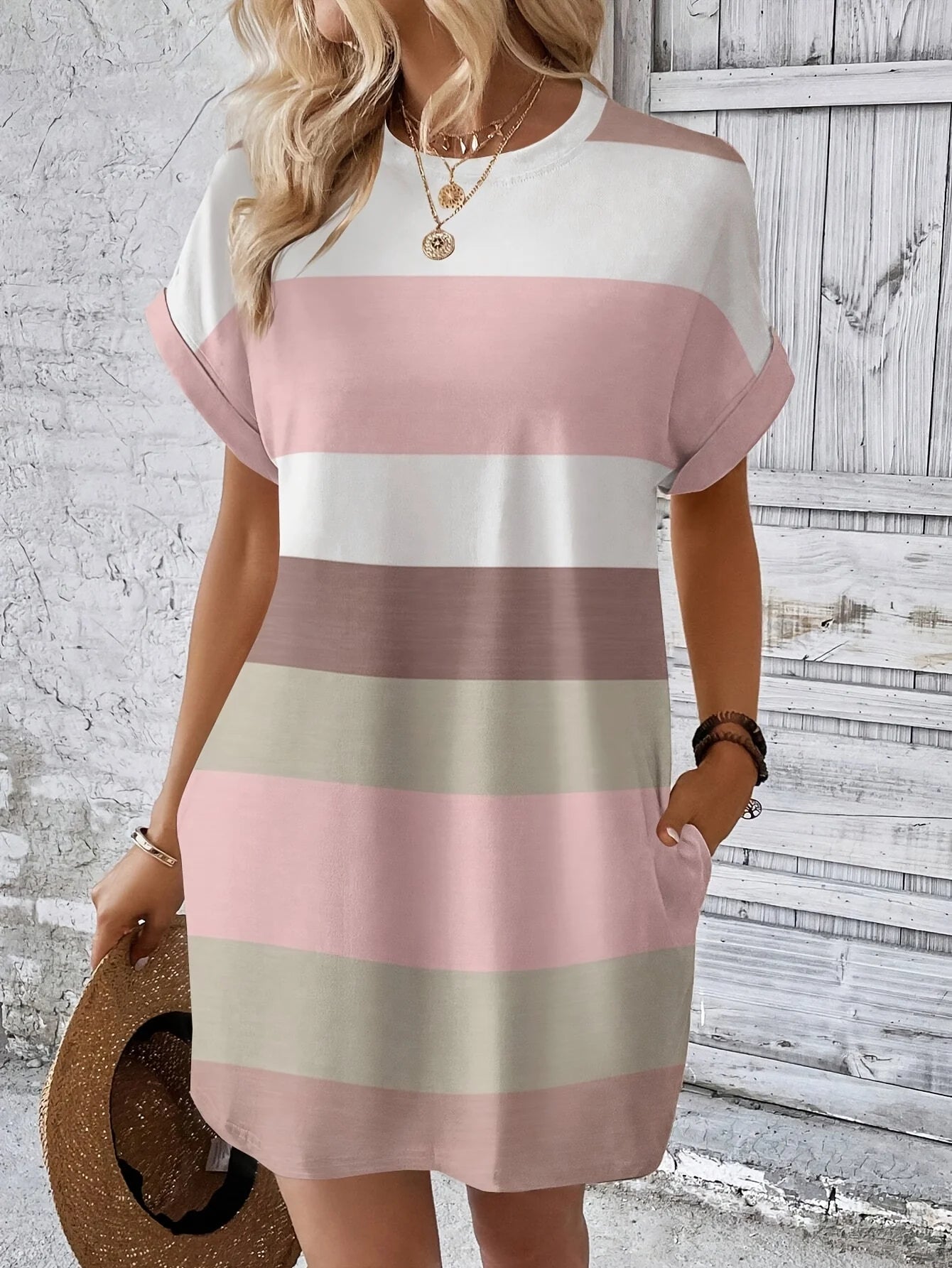Plus Size Striped Women's T-Shirt Dress Casual Loose Short Sleeve Summer Dress with Pockets