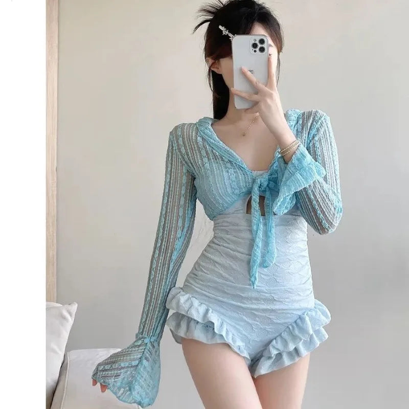 Sexy Swimsuit Pure Luster Cover Up Long Sleeve Sun Protection One Piece Elegant High End Swimwear Resort Vacation Swim Set
