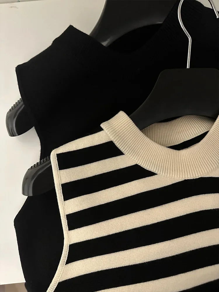 striped knitted sleeveless vest dress for women in summer, loose and slimming, high waist,  straight tube skirt, retro