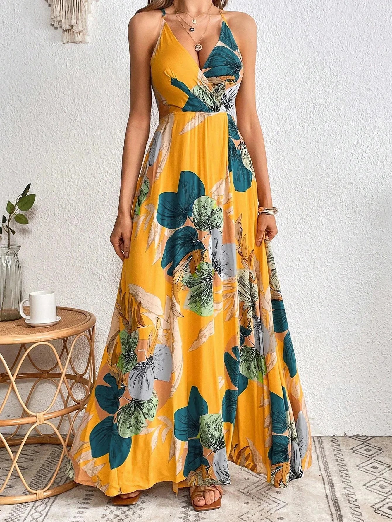 Tropical Printed Thigh Sling L Backless Suspender Dress 1056