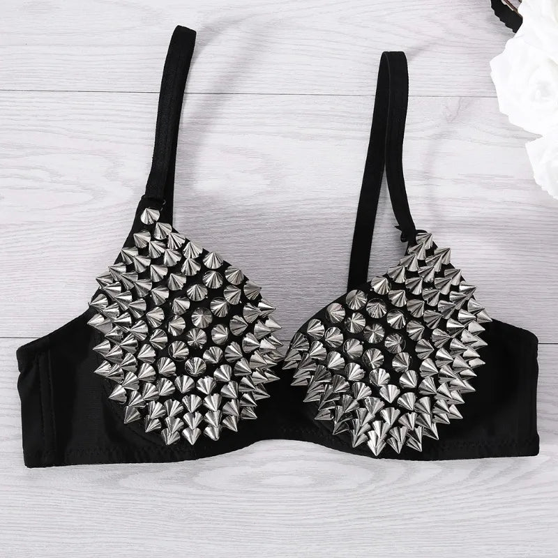 Silver Rivets Punk Rave Bralette Lingerie Gothic Bra Top Sexy Push Up Brassiere Nightclub Party Bar Fashion Hot Bras for Women