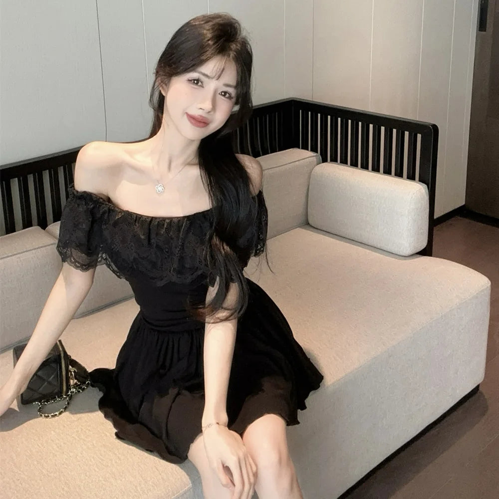 D5656Europe and America2026Cross-border foreign trade French sweet style off-shoulder lace patchwork waist-cinching dress