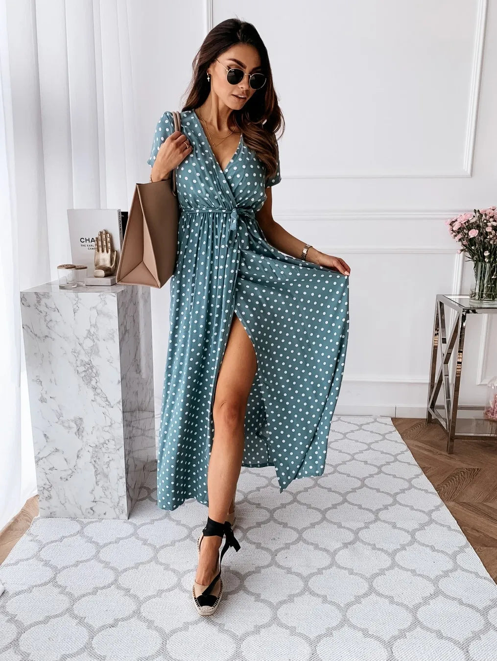Womens Summer Fashion Maxi Dress Short Sleeve V-Neck Ladies Polka Dot Dress Split For Female Boho Beach Holiday Dress