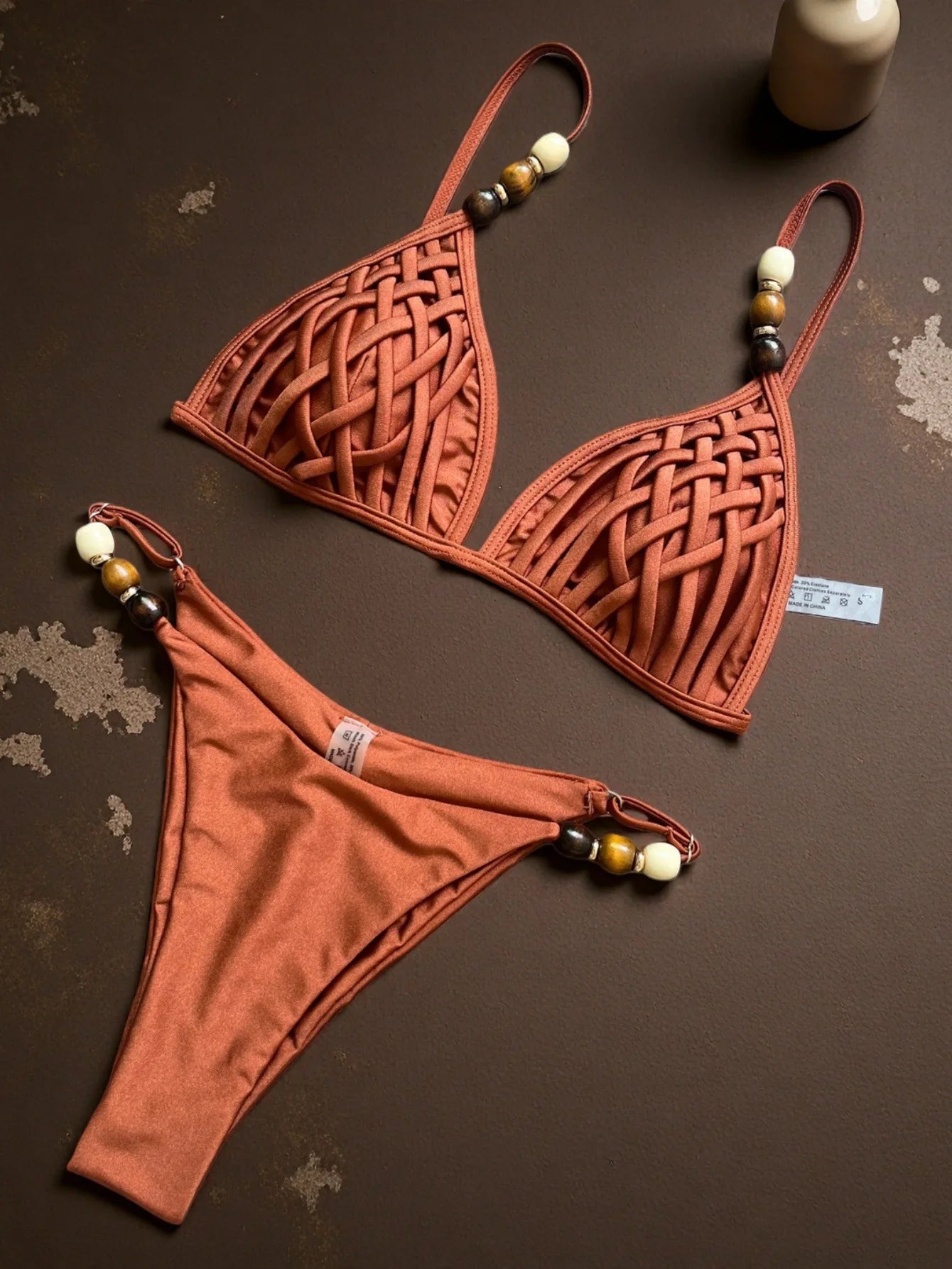 Sexy Brown Bikini Set 2026 Women Pearls Strap Hole Out Push Up Bra Thong Swimsuit Brazilian Beach Bathing Suit Micro Swimwear