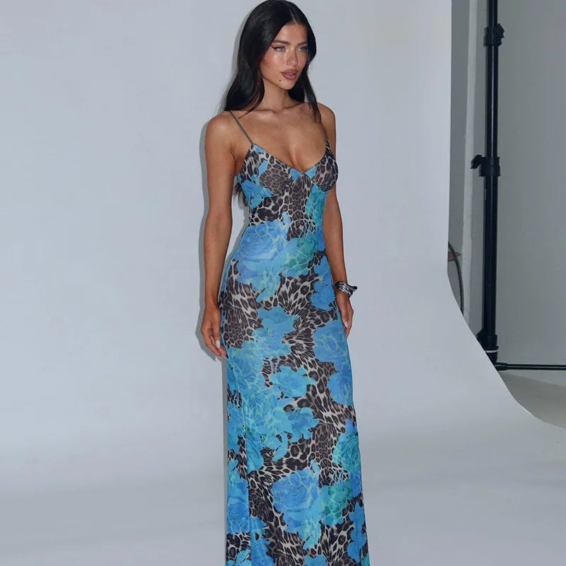Elegant Print V Neck Slips Backless Sexy Bodycon Maxi Dress Women Fashion Outfits Party Festival Club