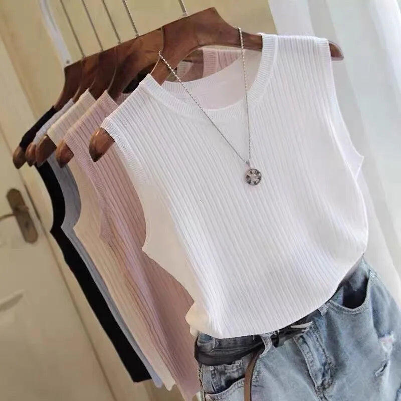 Korea Knitted Vests Women Top Summer Sleeveless Blouse Women O-neck Knitted Blouse Shirt Clothes Women Tops