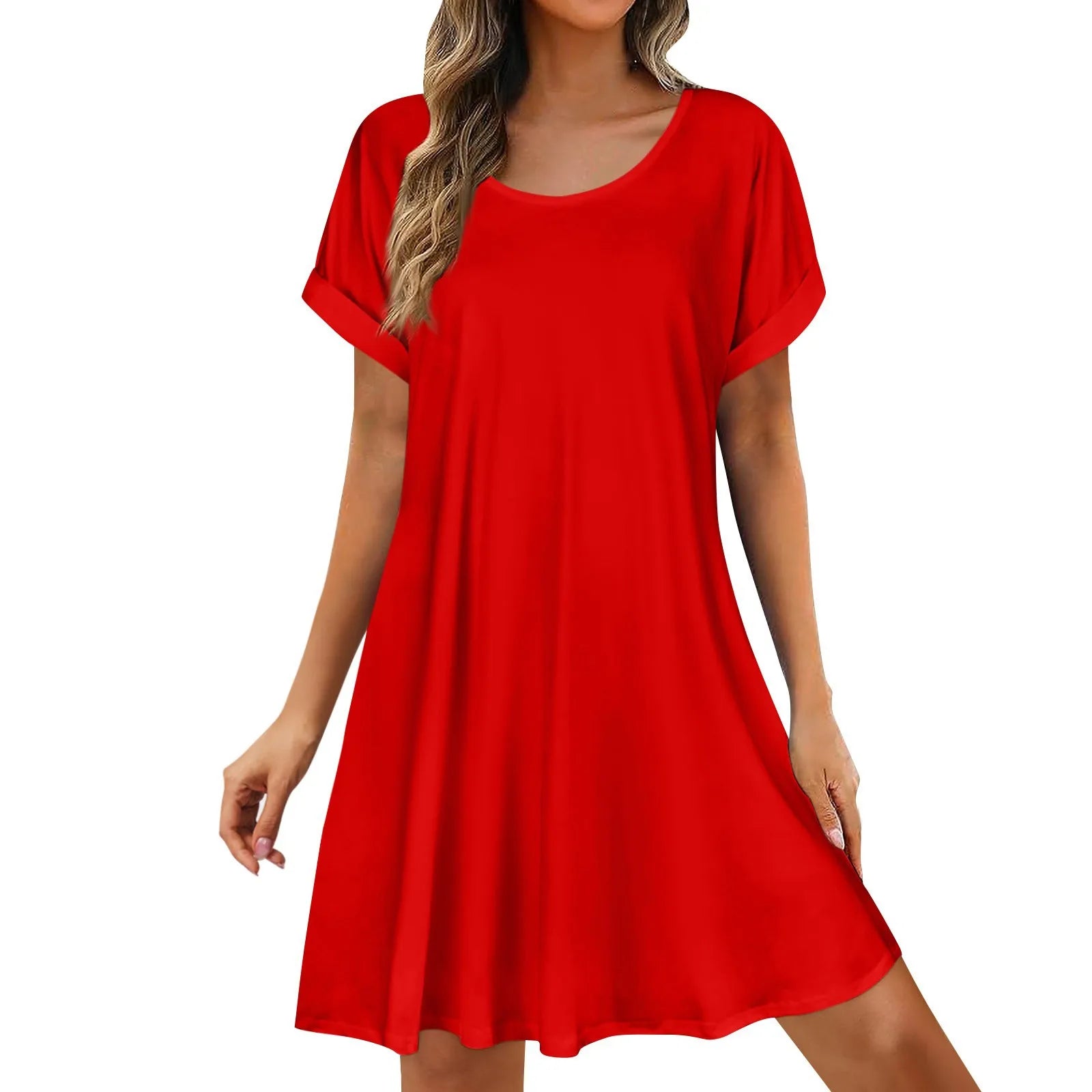 Womens Summer Basic Solid Color Short Skirt Casual and Versatile Oversized Pullover Dress Comfortable Round Neck Sundress