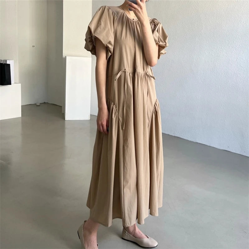 REALEFT Summer Vintage Puff Sleeve Women's Long Dresses 2026 New O-Neck Korean Straight Casual Loose Dresses Female