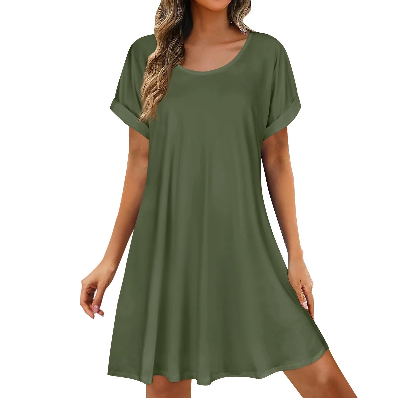 Womens Summer Basic Solid Color Short Skirt Casual and Versatile Oversized Pullover Dress Comfortable Round Neck Sundress