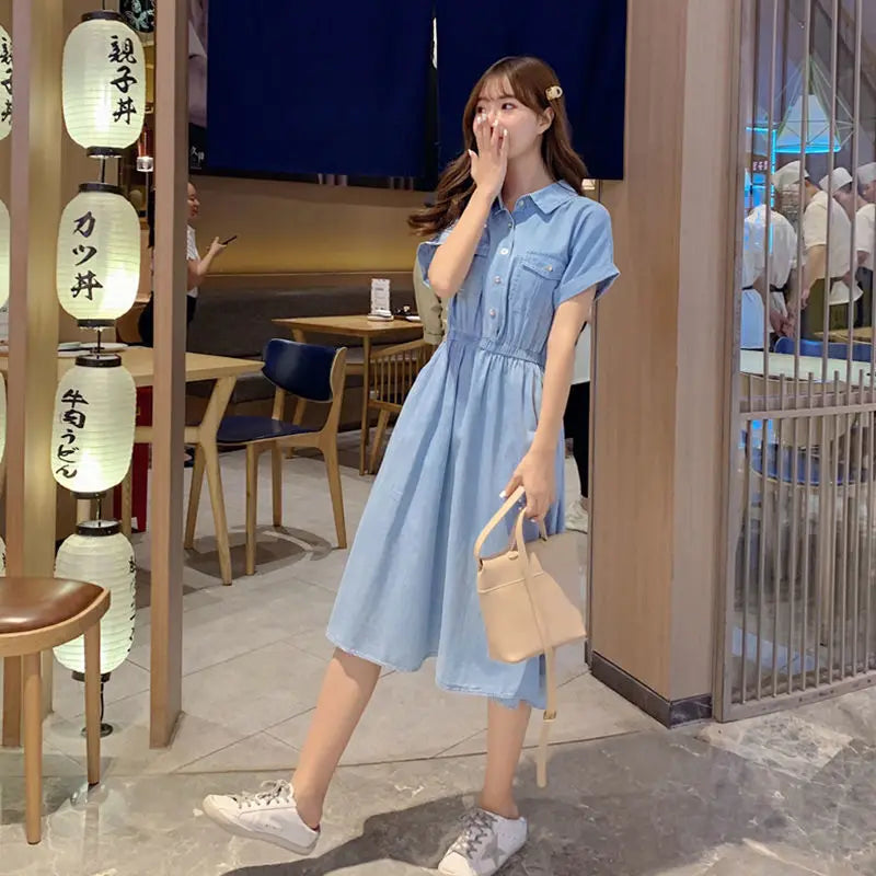 Lightweight Denim-Like Women's Dress Summer New Korean Style High-Waisted Button-Front Shirt Dress Versatile Casual Midi Dress