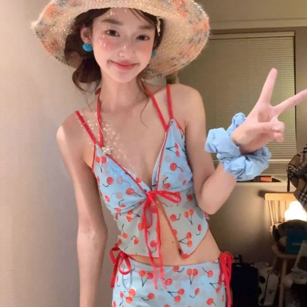 Pure Desire Pure Color Cherry Bikini Set V Neck Mesh Lace Up Sexy Swimwear Wrap Skirt Push Up Four Piece Set Summer Holiday