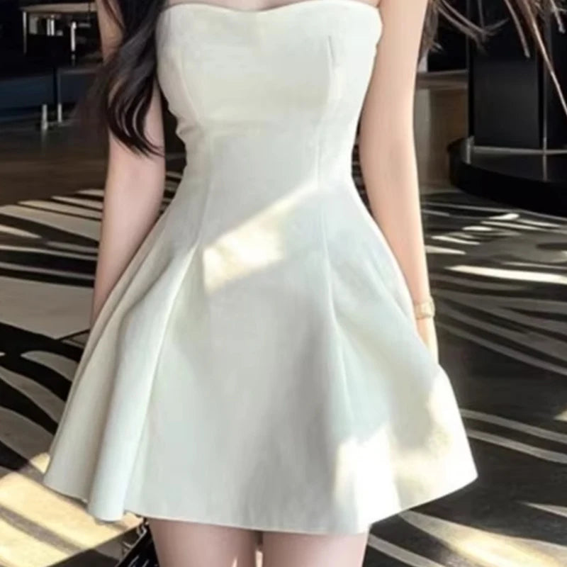 Off-the-shoulder White Pure and Sexy Bustier Dress for Women, 2026 New Korean-style Waist-cinching Slimming Dress
