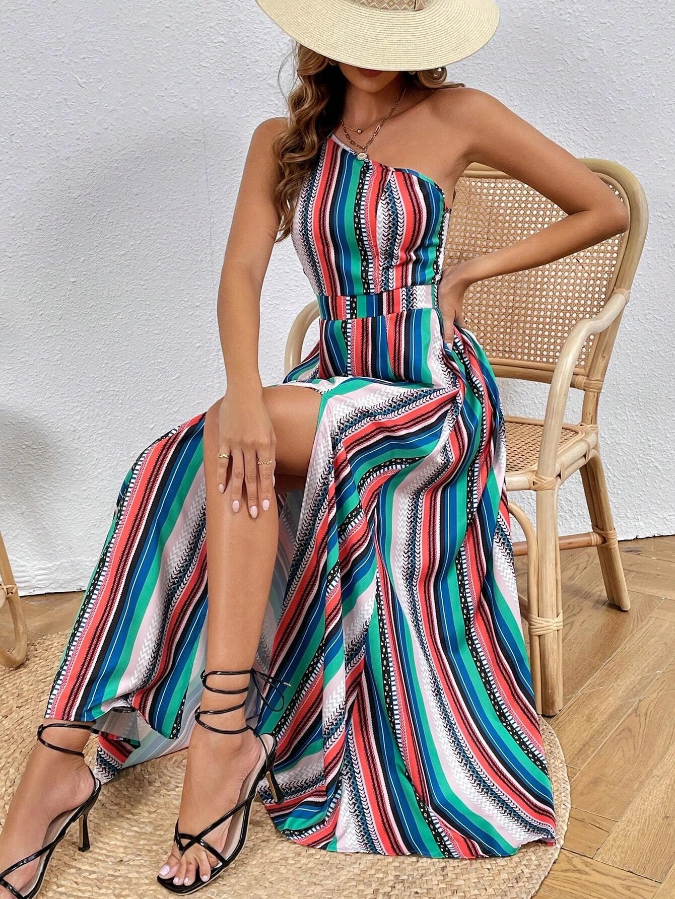 Striped Print One-Shoulder Dress Women Summer Sexy High Thigh Slit Bodycon Slim Fit Asymmetric Hem Vacation Beach Dress