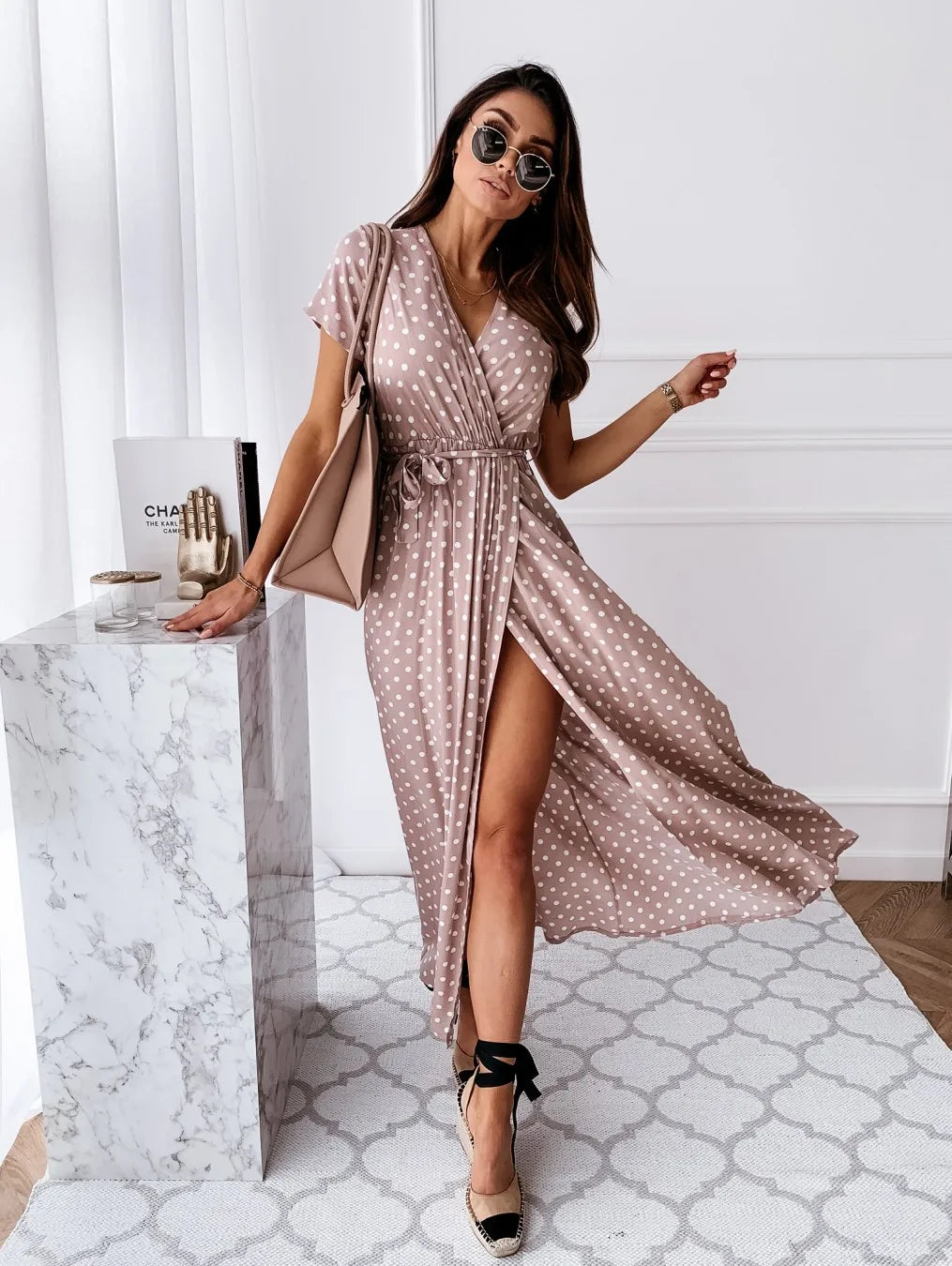 Womens Summer Fashion Maxi Dress Short Sleeve V-Neck Ladies Polka Dot Dress Split For Female Boho Beach Holiday Dress