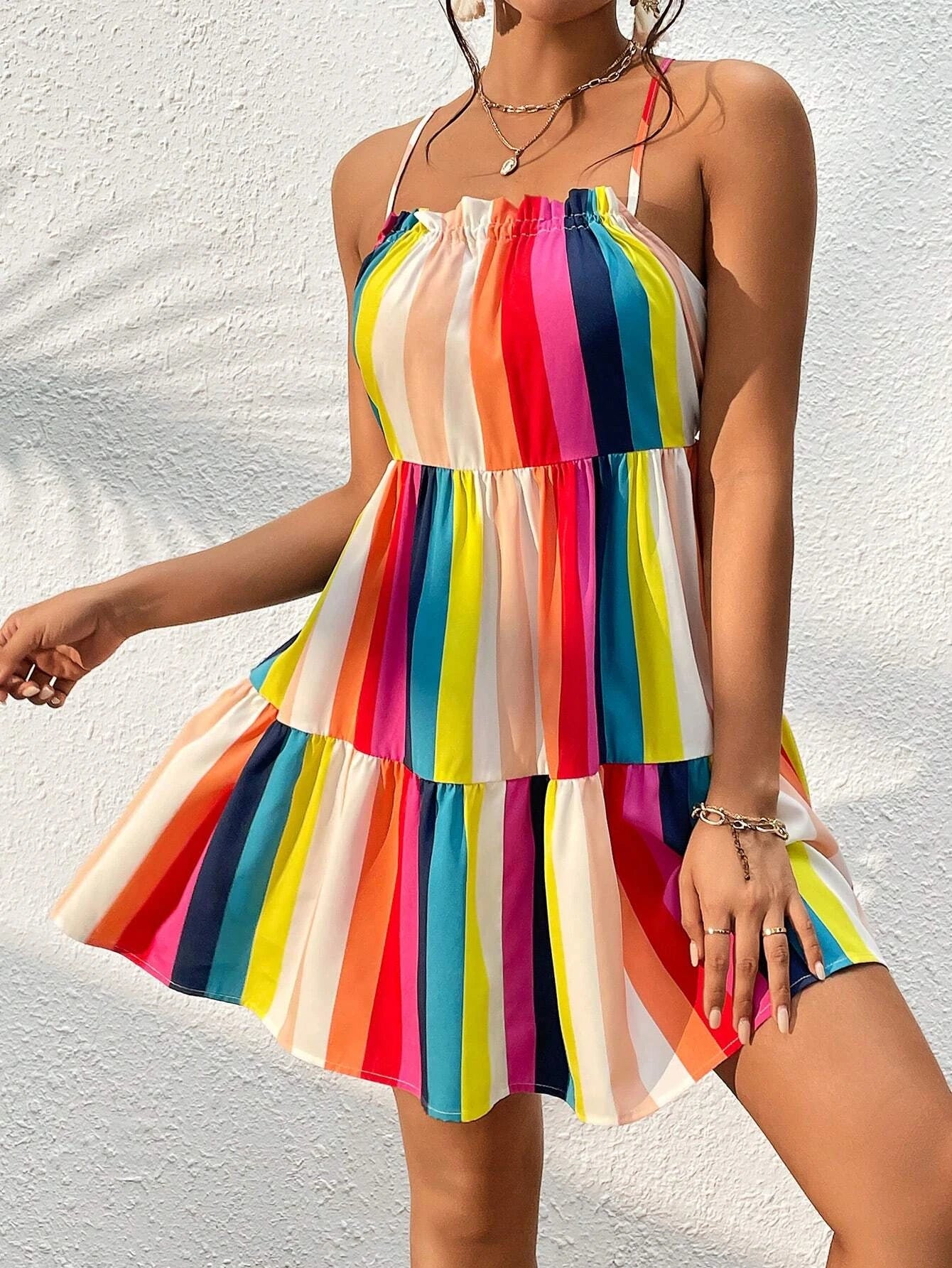 Rainbow Stripesd Printed Strappy Backless Ruffled Hem Suspender Dress 1069
