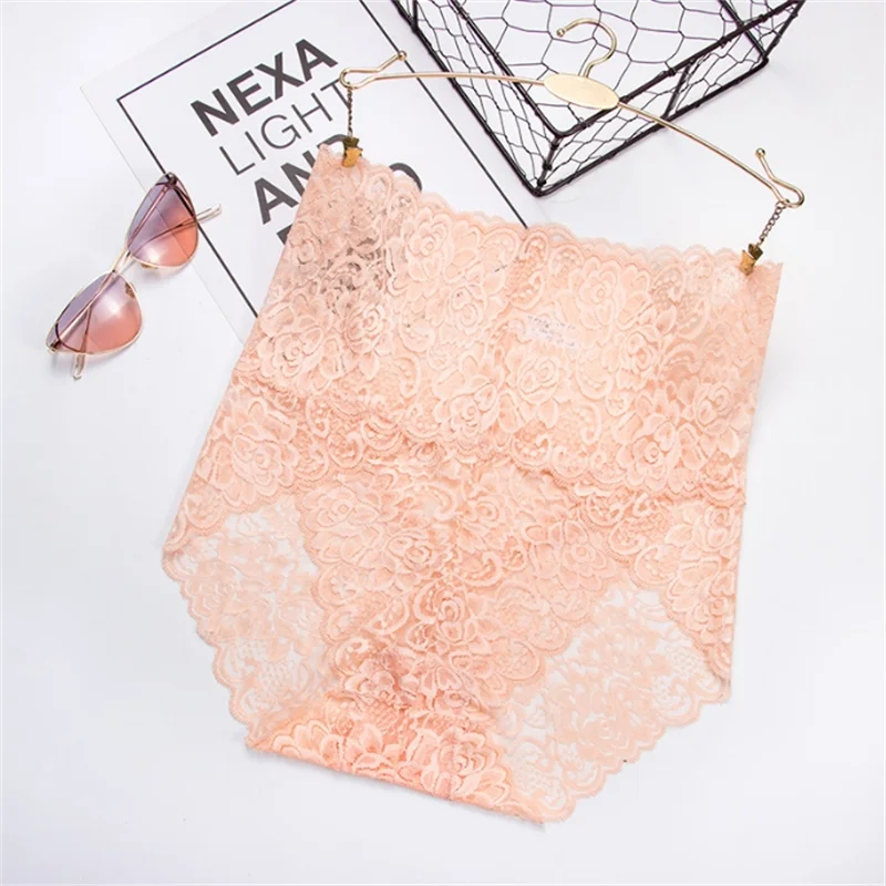 1Pc Fashion Women High Waist Plus Size Panties Lace Mesh Floral Transparent Briefs Underwear Solid Seamless Underpants Lingerie