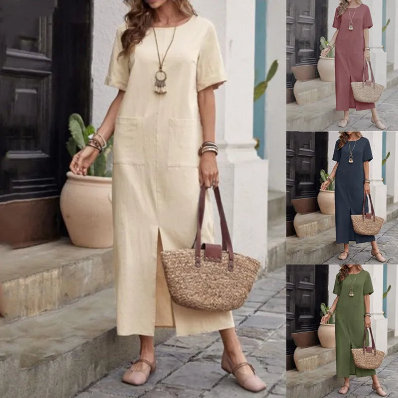 Summer Women's Long Skirt Short Sleeves Cotton and Linen Blend Loose Pockets O-neck Solid Color Simple Casual Dress