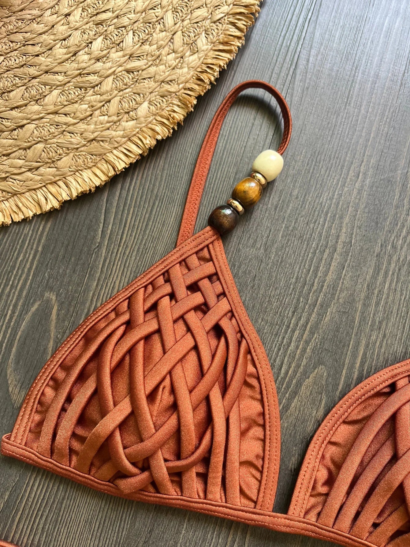 Sexy Brown Bikini Set 2026 Women Pearls Strap Hole Out Push Up Bra Thong Swimsuit Brazilian Beach Bathing Suit Micro Swimwear