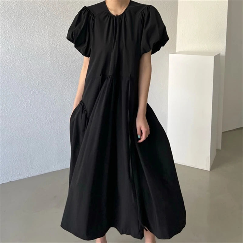 REALEFT Summer Vintage Puff Sleeve Women's Long Dresses 2026 New O-Neck Korean Straight Casual Loose Dresses Female