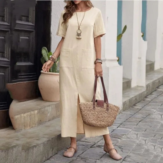 Summer Women's Long Skirt Short Sleeves Cotton and Linen Blend Loose Pockets O-neck Solid Color Simple Casual Dress