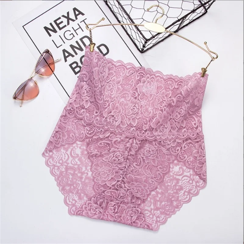 1Pc Fashion Women High Waist Plus Size Panties Lace Mesh Floral Transparent Briefs Underwear Solid Seamless Underpants Lingerie