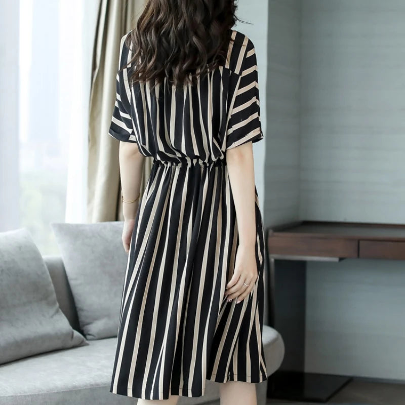 Striped Short-Sleeved Casual Midi Dress Summer Aesthetic Clothes Korean Fashion Casual Office Lady Dresses for Women Vestidos