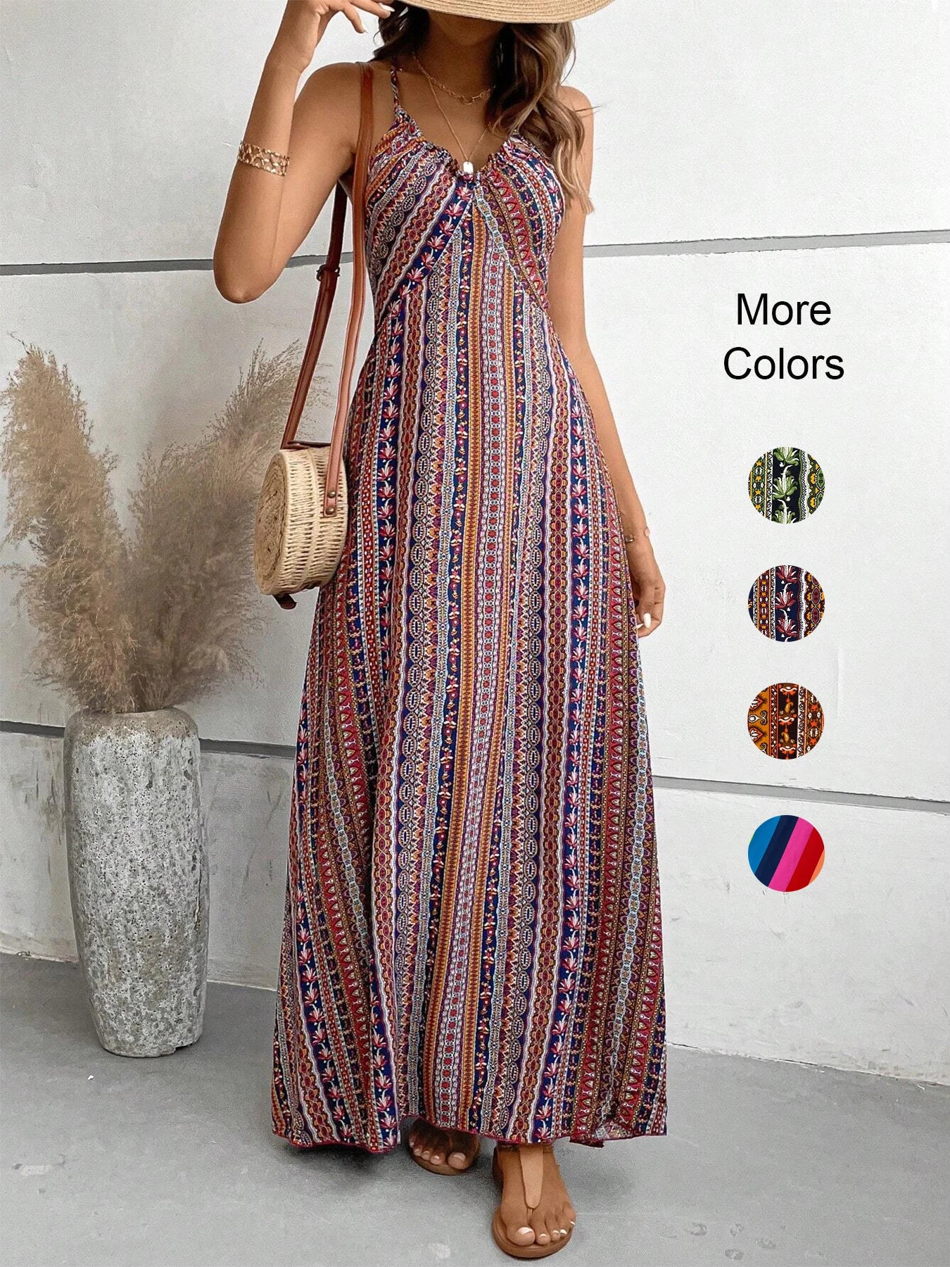 Women's Summer Ethnic Pattern Backless Split Thigh Dress Ladies Summer Clothes Boho Fashion Frill Trim Long Dress for Beach