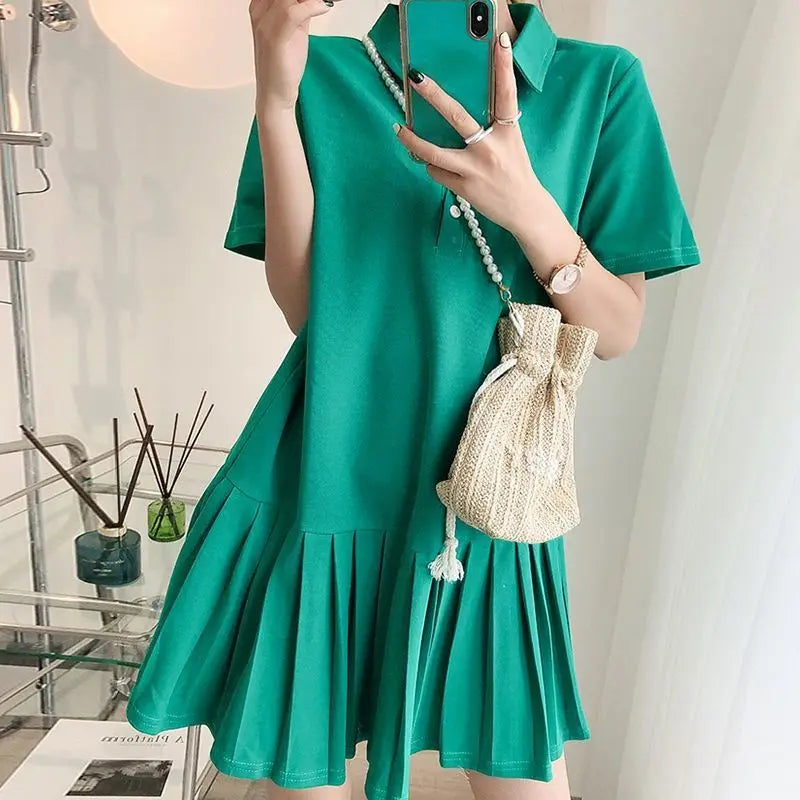 Summer New Loose Pleated Skirt Short Sleeve Polo Neck All-match Solid Color Plus Size Mini Dress Casual Fashion Women Clothing
