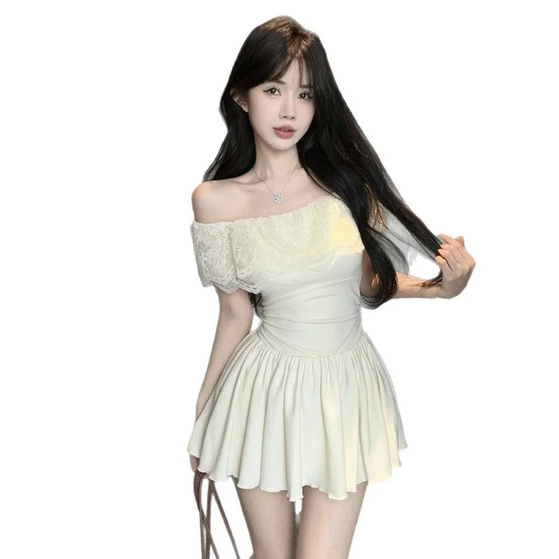 D5656Europe and America2026Cross-border foreign trade French sweet style off-shoulder lace patchwork waist-cinching dress