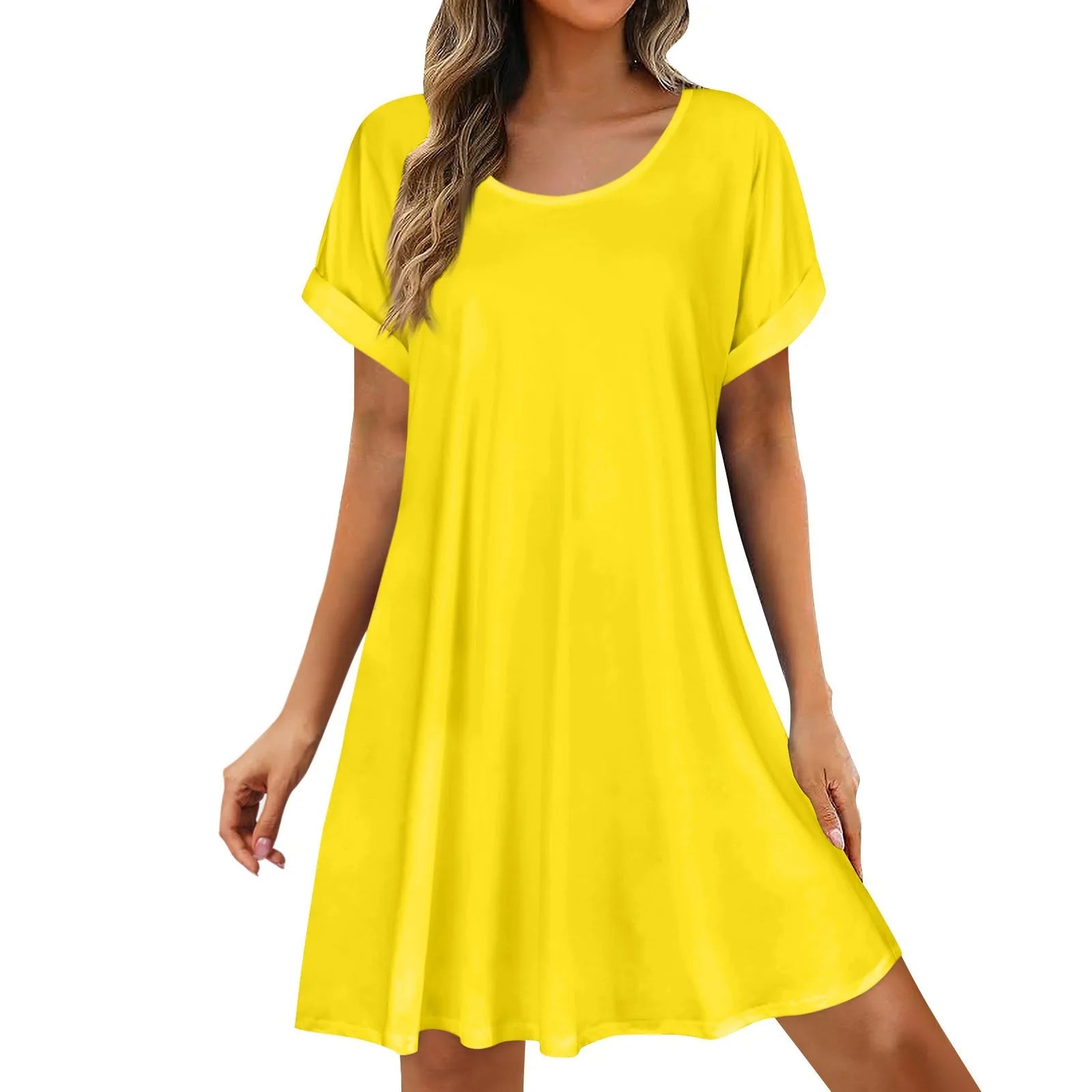 Womens Summer Basic Solid Color Short Skirt Casual and Versatile Oversized Pullover Dress Comfortable Round Neck Sundress