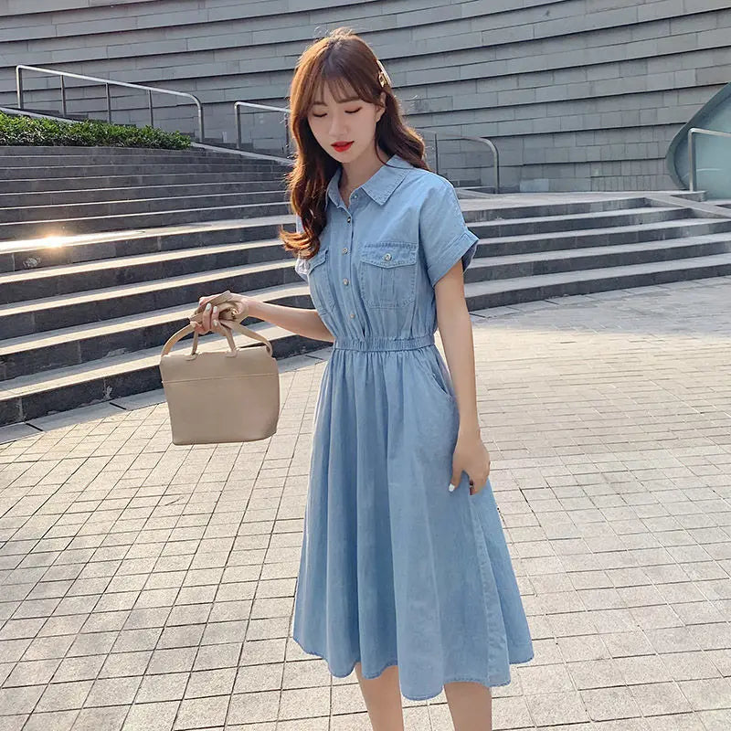Lightweight Denim-Like Women's Dress Summer New Korean Style High-Waisted Button-Front Shirt Dress Versatile Casual Midi Dress