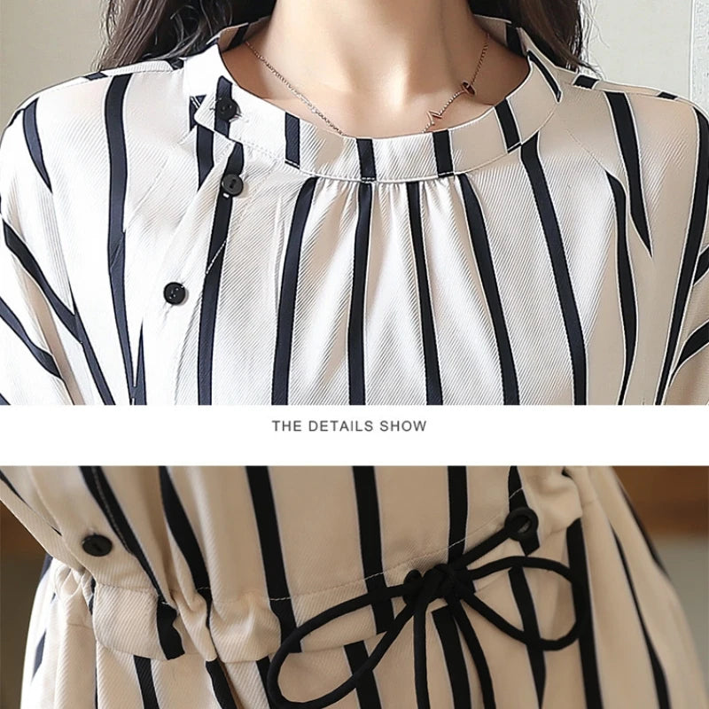 Striped Short-Sleeved Casual Midi Dress Summer Aesthetic Clothes Korean Fashion Casual Office Lady Dresses for Women Vestidos