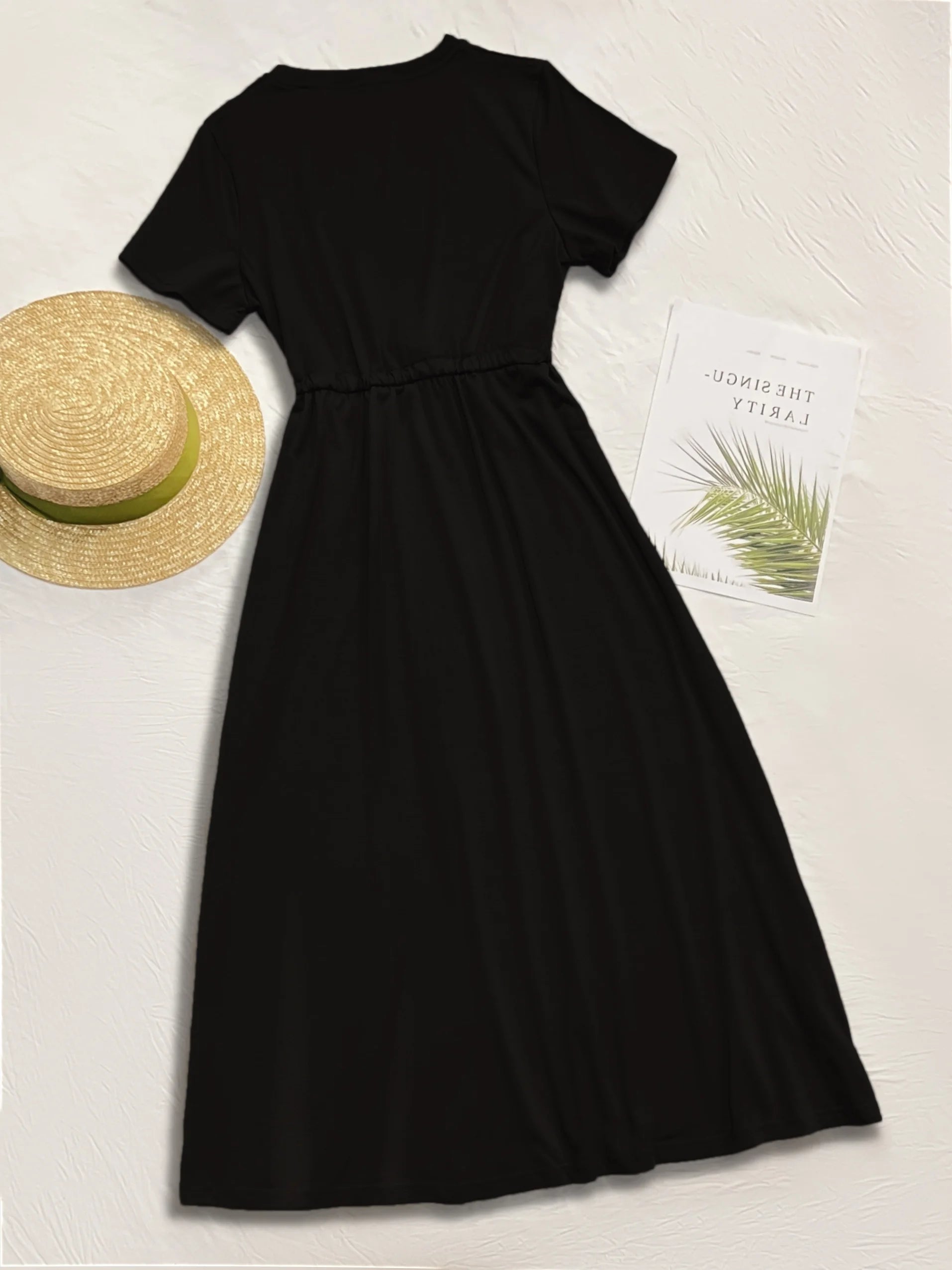 Ladies' fashion casual round neck short sleeve dress solid color simple drawstring dress