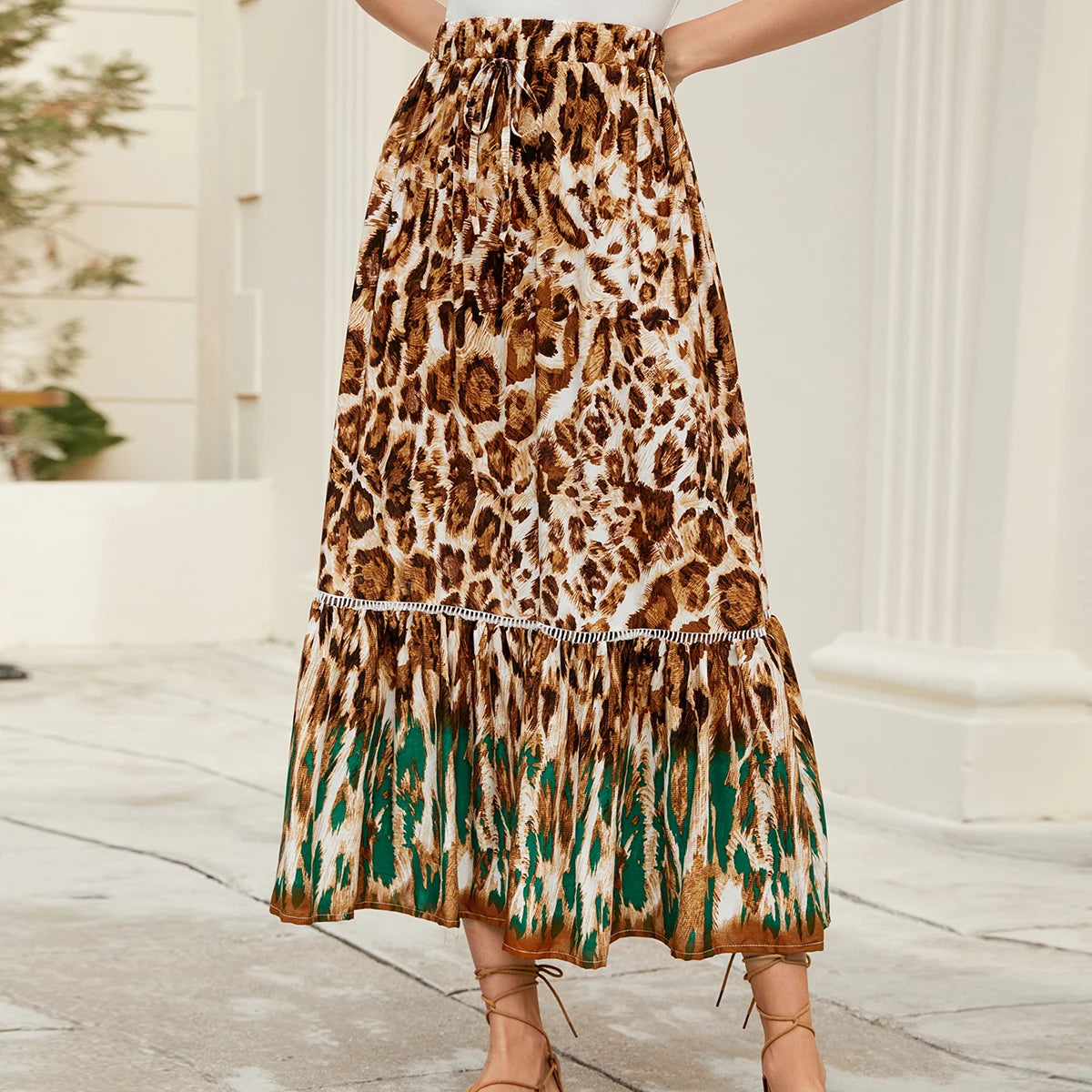 Beachwear High Waist Print Skirt Bohemian Holiday Half-length Leopard Pattern Women's Fashion Polyester Fiber Gored Skirt