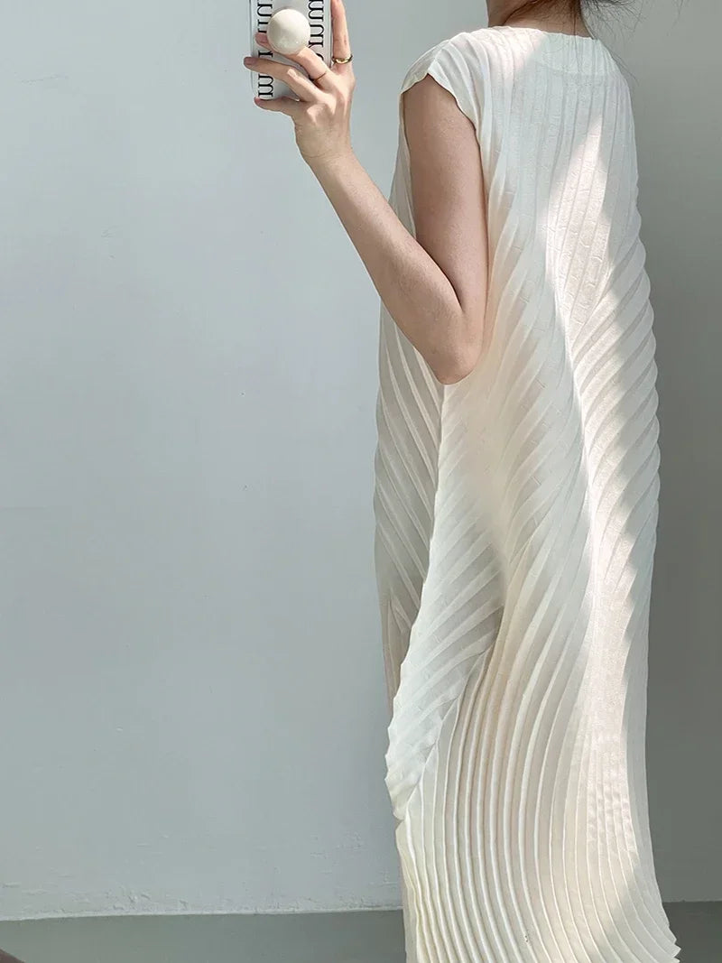 Miyake Hand Circle Pleated Sleeveless Dress Designer Long Round Neck Elegant Loose Summer Korean Style Aesthetic Clothes